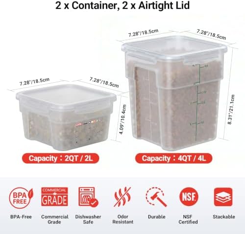 2 Pack Airtight Commercial Food Storage Container Set, 2 QT & 4 QT BPA-Free Translucent Polypropylene, Stackable, Gold Scale Markings for Spices & Coffee Beans, Tall Model - Image 2