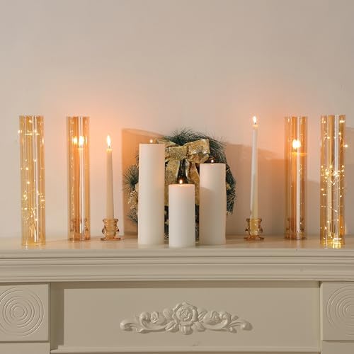 Teenyyou 12 Set Glass Hurricane Candle Holders Candlestick Bulk 12.6",Amber - Image 5