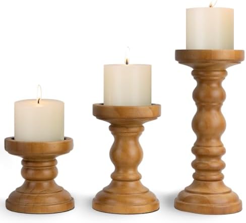 Candle Holder for Pillar Candle Set of 3, Farmhouse Wood Candle Holder, Rustic Wooden Candle Stand, Vintage Tall Candle Stand Decorative for Living Room, Table Centerpiece, Brown by CEDARLUX