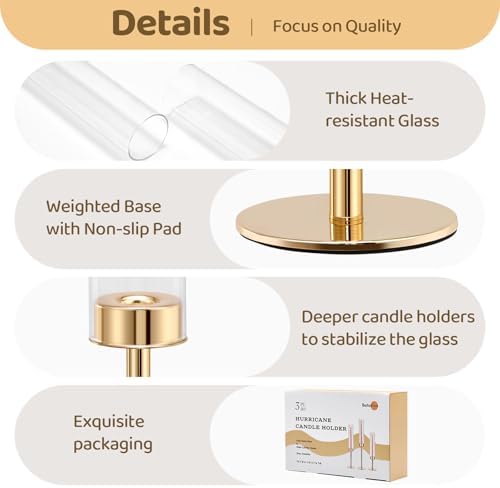 Gold Hurricane Glass Candle Holders Set of 3 Brass Taper Candlestick Holder - Image 5