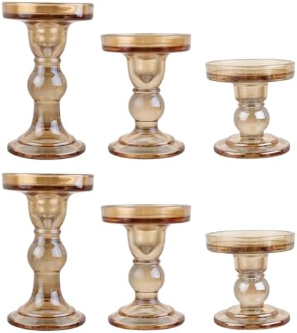 6-Piece Set of Amber Glass Candlestick, Crystal Candlestick Holder Holder and Conical Candle, Christmas Candle Holder Decoration, Family Living Room Wedding Candle Holder (Amber 2sets) by BTGLLAS