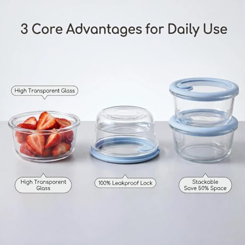 Glass Food Storage Containers with Silicone Glass Lids, 6 Pack Round Airtight Meal Prep food container, Leakproof Borosilicate Glass Bowls Set, Microwave, Oven, Freezer & Dishwasher Safe - Image 5