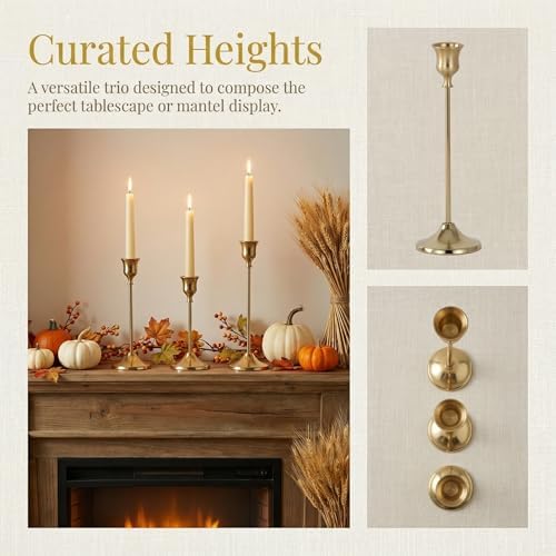 Set of 3 Brass Tapered Candle Holder,Candlestick Tall Metal Candlestick Holders for Table Centerpiece Home Decor for Wedding Fireplace Mantel Housewarming Gift Fits 3/4 Inch Thick Candles - Image 6