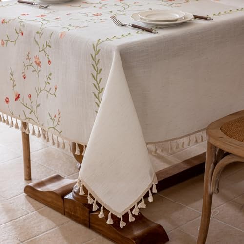 Joyfol Day Linen Spring Flowers Tablecloth with Tassels, Rustic Farmhouse Embroidery Waterproof Table Cloths for Rectangle Tables, Heavy Weight Spill-Proof Table Covers, Pink Florals, 55''x 86'' - Image 7