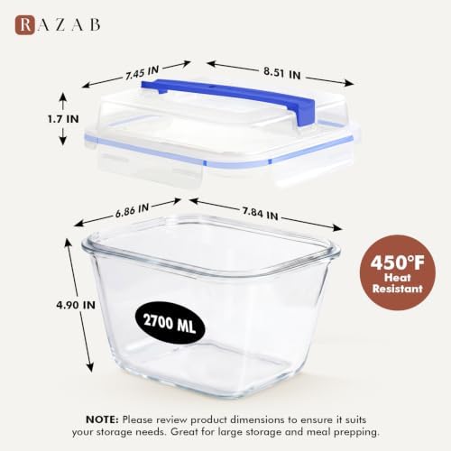 Razab 2700ml / 91oz / 11.5 Cups Large Glass Food Storage Container with Lid - Leakproof Glass Meal Prep Container for Roasting & Storing Leftovers, Glass Lunch Container, Microwave & Oven Safe - Image 2