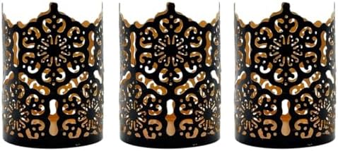 Hosley Set of 3 Black Metal Candle Holders 4 Inch High - Lattice Cut Lanterns for Table Centerpiece, Wedding, Home Decor, Indoor Outdoor by HOSLEY