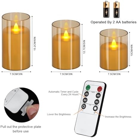 wemarry Flameless Candles 4" 5" 6" Acrylic Glass Pillars 3" Diameter Battery Operated Flickering Candles Include 8-Key Remote with Timer Function 400+ Hours (Amber, Warm Light 6 Pack) - Image 6