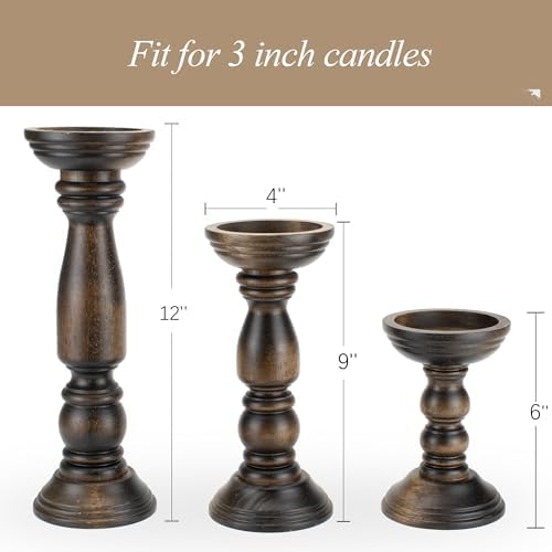 BANOMII Farmhouse Wooden Candle Holders for Pillar Candles Set of 3, Rustic Wood Candle Holder Table Centerpiece Decor, 12'' 9'' 6'' Vintage Tall Candle Stand Decorative, Dark Brown - Image 6