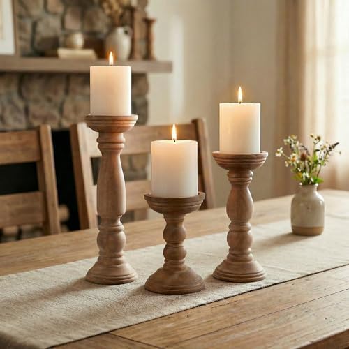 BANOMII Farmhouse Wooden Candle Holders for Pillar Candles Set of 3, Rustic Wood Candle Holder Table Centerpiece Decor, 12'' 9'' 6'' Vintage Tall Candle Stand Decorative, Brown - Image 4