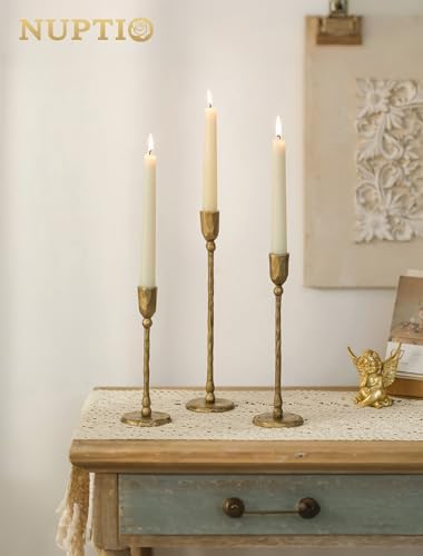 NUPTIO Iron Taper Candle Holders: Antique Brass Candlestick Holder Set of 3 - Image 4