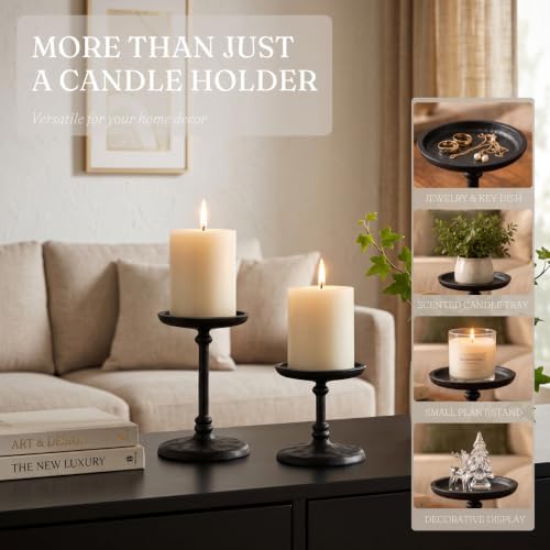 PERFNIQUE Cast Iron Pillar Candle Holders Set of 2, Black Candle Tray Stand - Image 3