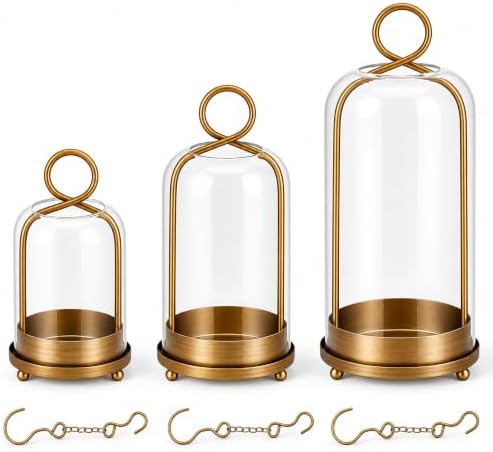 Hurricane Glass Candle Holders Set of 3, Gold Candle Lanterns with Hooks by SHAREHAPPYLIFE