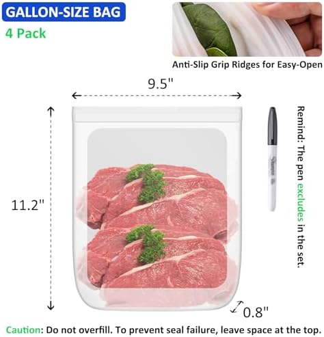 100% Silicone Flat Gallon Freezer Bags, 4 Pack Extra Large Reusable Silicone Ziplock Bags Gallon Size for Freezer, Double Zipper Seal, BPA & Microplastic Free, Freezer Microwave Sous Vide Safe, Clear - Image 3