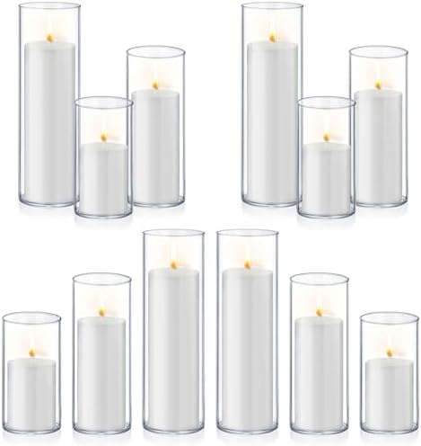 Homjoy 24 PCS White Pillar Candles with Glass Candle Holders Clear Hurricane Candle Holders Glass Cylinder Vases for Centerpieces Wedding Party, Event, Home Office (12 Candles+12 Candle Hoders) by Homjoy