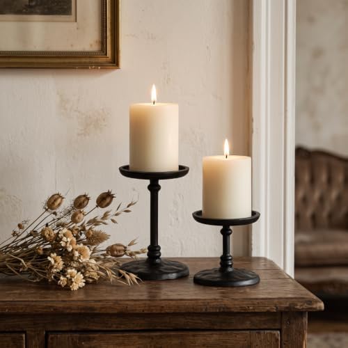 PERFNIQUE Cast Iron Pillar Candle Holders Set of 2, Black Candle Tray Stand - Image 2