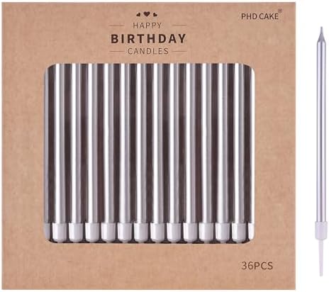 PHD CAKE 36-Count Silver Long Thin Metallic Birthday Candles, Cake Candles, Birthday Parties, Wedding Decorations, Party Candles, Cake Decorations by PHDCAKE