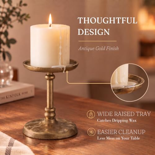 PERFNIQUE Cast Iron Pillar Candle Holders Set of 2 Antique Gold Candle Tray - Image 4