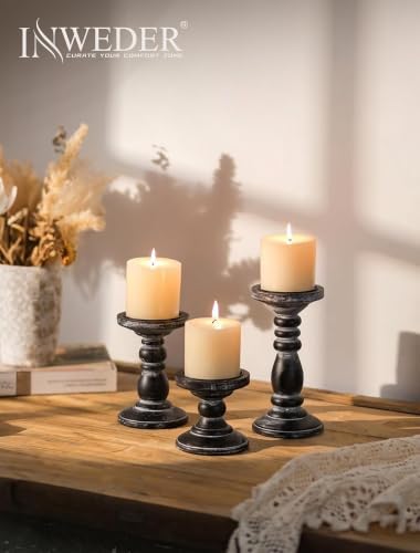 Wood Pillar Candle Holder: Rustic Distressed Black Candle Stand - Image 2