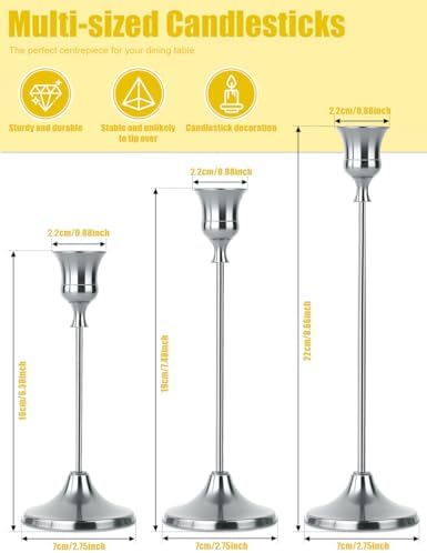 2 Sets(6 Pcs) Silver Tapered Candle Holder,Candlestick Tall Metal Candlestick Holders for Table Centerpiece Home Decor for Wedding Fireplace Mantel Housewarming Gift Fits 3/4 Inch Thick Candles - Image 2