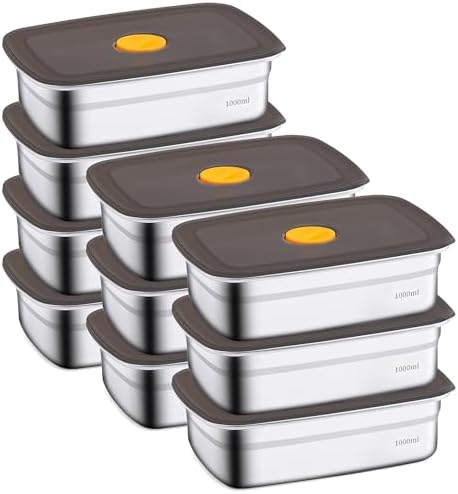 10 Pack Stainless Steel Food Storage Containers with Airtight Leak-Proof Lids, 34oz Reusable Meal Prep Lunch Boxes, Freezer & Dishwasher Safe Metal Containers for Leftovers & Snacks by Allclamder