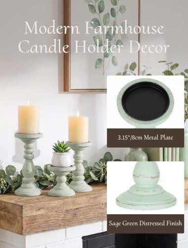 Wood Pillar Candle Holder: Distressed Sage Green Candle Stand - Image 3