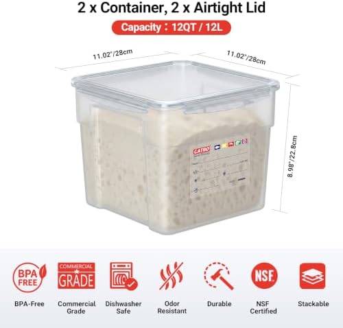2 Pack 12 QT BPA-Free Translucent Polypropylene Food Storage Containers, Airtight Lids, Stackable Commercial Ingredient Containers for Bulk Dry Goods - Image 2