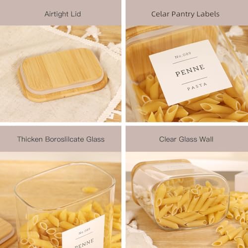 4 Pack Square Glass Pantry Storage Containers with 132 Kitchen Food Pantry Labels - 34 floz Clear Glass Pantry Jars with Airtight Wood Bamboo Lids - Glass Canisters for Tea, Cereal, Coffee, Spice - Image 4