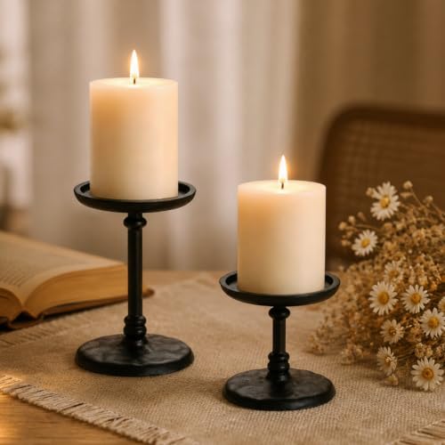 PERFNIQUE Cast Iron Pillar Candle Holders Set of 2, Black Candle Tray Stand by PERFNIQUE