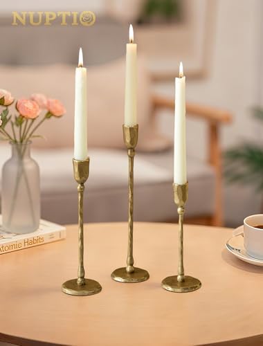 NUPTIO Iron Taper Candle Holders: Antique Brass Candlestick Holder Set of 3 - Image 5