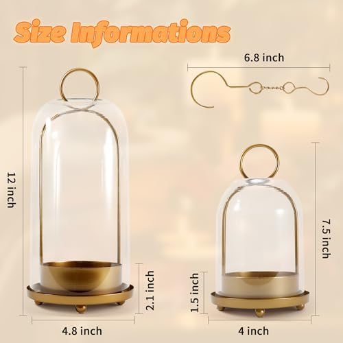 Hurricane Glass Candle Holders, Large & Medium Brass Lanterns Hurricane Candlestick Holder for Pillar Candles Vintage, Gold Metal Rustic Farmhouse Decor with Hook Chains - Image 3