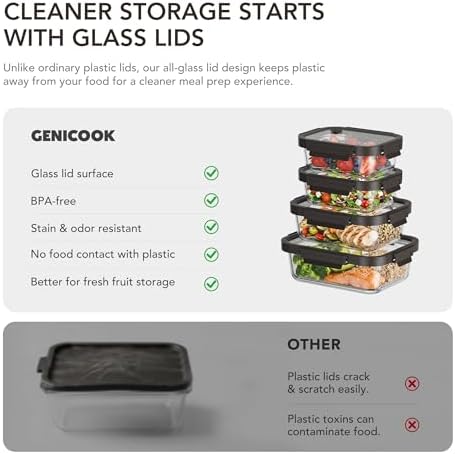 GENICOOK Glass Meal Prep Containers with Glass Lids, 4 Set Airtight Glass Food Storage Containers, Borosilicate Glass Lunch Containers for Healthy Meal Prep, Microwave Oven Dishwasher Safe, BPA Free - Image 2