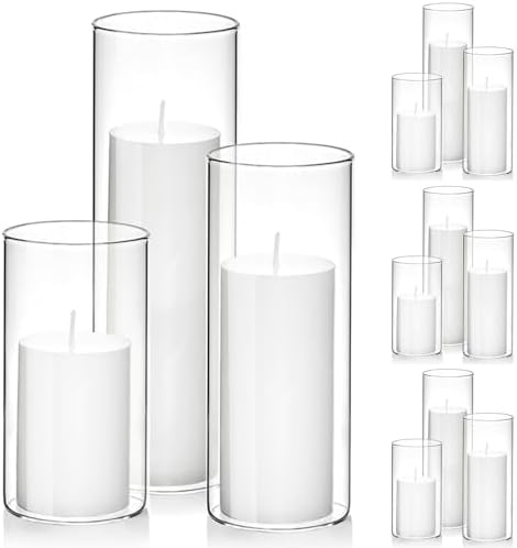 Set of 12 White Pillar Candles with Clear Glass Hurricane Holders- Elegant Cylinder Candle Vases for Weddings, Parties, Centerpieces, Home & Office Decor (White, 12 Set) by NATCENSE
