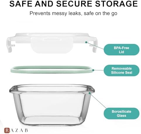 Razab 6 PC Square Glass Food Storage Containers with Airtight lids (74, 40 & 18 oz) Kitchen Glass Meal Prep Containers Set for Freezer Reusable Leftover Lunch Boxes, Oven, Microwave, Dishwasher Safe - Image 4