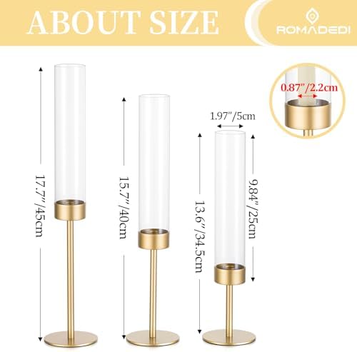 Romadedi Glass Hurricane Candle Holders for Candlestick, Gold, Set of 3 - Image 5