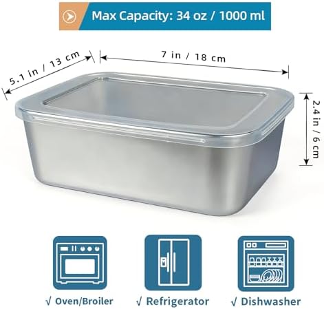 6 Pcs (34oz) Stainless Steel Food Containers with Clear Lids, 7" x 5.1" Stackable Snack Storage Boxes, Deli Meat Keeper for Refrigerator or Picnic, BBQ Party, Office, Gym Lunch - Image 3