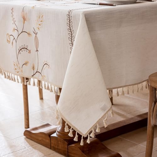 Joyfol Day Rustic Square Table Cloth, Heavy Duty Linen Florals Embroidery Tablecloths, Farmhouse Waterproof Tablecloth, Wrinkle Free Table Cover with Tassels, Coffee Berry, 55''x 55'' - Image 7