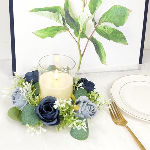Blue Rose Candle Rings with Flameless Candles Sets - 12PCS Artificial Flower Eucalyptus Wedding Centerpiece 3 Inch Pillar Candleholders Wreaths for Wedding Party Decor (Dusty Blue &Silver Rose) - Image 5