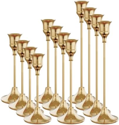 NLBTW Set of 12 French Gold Candle Holders for Taper, Vintage Candlestick Holder Decorative Metal Candle Sticks Home Decor Centerpieces for Table Mantel Festive Decorations by NLBTW