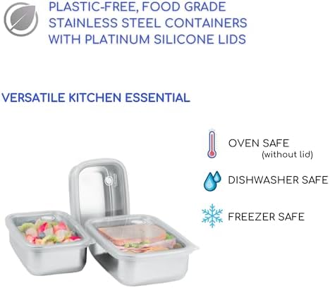 Stainless Steel Food Storage Containers with Clear Platinum Silicone Lids, Airtight, Leakproof 18/8 (304) Food Grade SS Nested 3Pk 20/30/40 oz Plastic-Free - Image 3