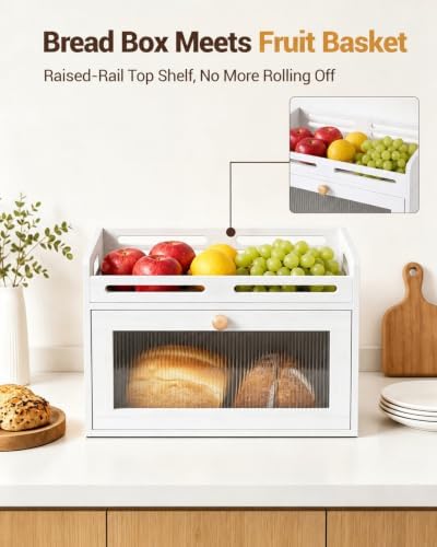 Bread Box for Kitchen Countertop, Bamboo Storage with Top Shelf, White - Image 4