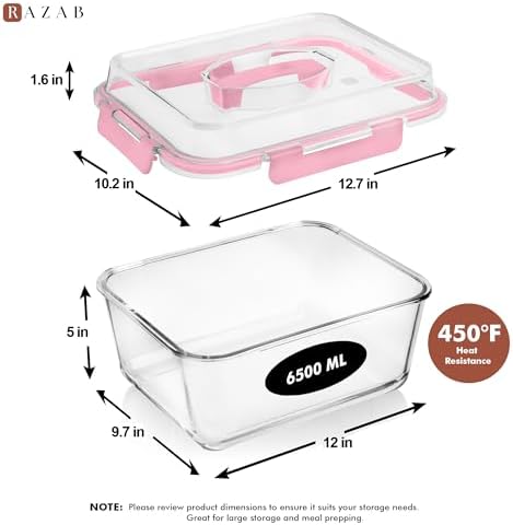 Razab 6500ml / 220 Oz / 28 Cups Extra Large Glass Food Storage Containers with Lids - Leakproof Glass Meal Prep Containers with Locking Lids for Roasting & Storing Leftover - Microwave & Oven Safe - Image 2