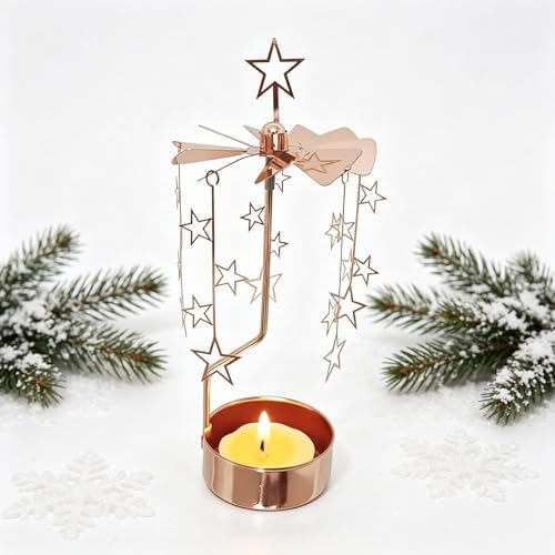 kingnero Rotary Candle Holder Spinning Candleholder Tea Light Candle Powered Carousel Small Gift (Rose Gold Star) - Image 3