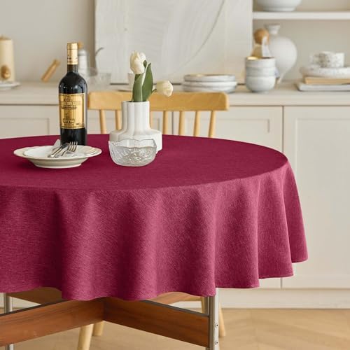 Decorelia Christmas Red Waterproof Round Table Cloth for Round,Decorative Farmhouse Tablecloths Table Cover for Holiday,Banquet,Dining& Kitchen (60 Inch,Round (2-4 Seats,Burgundy) by Decorelia