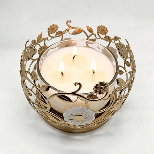 3 Wick Candle Holder, Fits 4 Inch Diameter Jar Candles, 5.75" D × 4.1" H Decorative Candle Stand for Home, Living Room, Bedroom, Office & Gifting (Floral Golden) - Image 3
