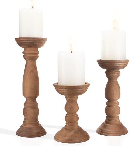 BANOMII Farmhouse Wooden Candle Holders for Pillar Candles Set of 3, Rustic Wood Candle Holder Table Centerpiece Decor, 12'' 9'' 6'' Vintage Tall Candle Stand Decorative, Brown by BanomiiHome