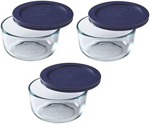 Pyrex 7200 2-Cup Glass Bowl & 7200-PC Dark Blue Lid (3-Pack) - Made in USA by Pyrex