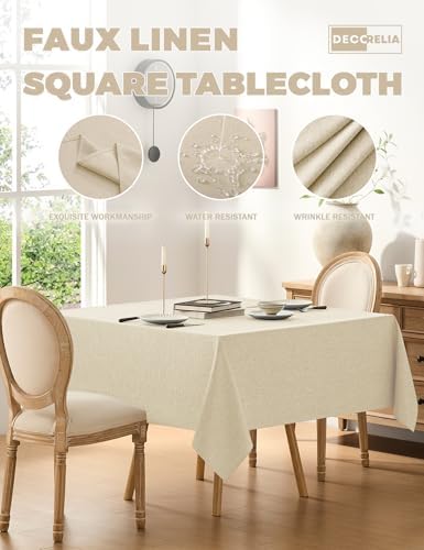 Decorelia Faux Linen Square Tablecloth for Dining Room,Waterproof Texture Decorative Farmhouse Rustic Table Cloth for Indoor Outdoor Party, Holiday, Banquet Picnics, Patio,70 x 70 Inch (Square),Beige - Image 2