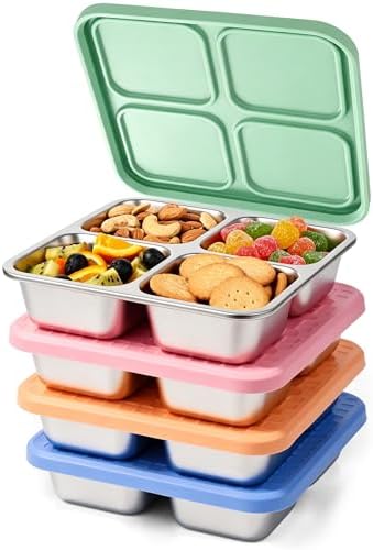4 Pack Stainless Steel Snack Containers with Silicone Lids, Leakproof Bento Snack Boxes, Reusable 4 Compartment Metal Lunch Containers, Dishwasher Safe Food Storage for Meal Prep, Work & Travel by monoan