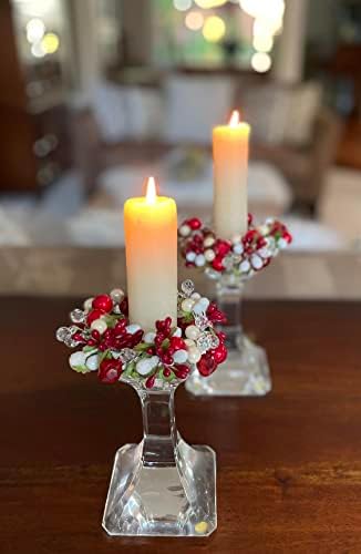 Crystal and Pearlized Berry Faceted Red, White and Cream Berry Christmas Candle Ring, 4 Inches, Glass Coated Artificial Berries for Taper Candlestick Candle or Votive Candleholder - Image 2