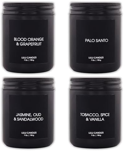 Lulu Candles | 4 Pack Scented Candles Gift Set | Gift Set for Home, Men, and Women | Jasmine, Oud & Sandalwood, Blood Orange & Grapefruit, Tobacco, Spice & Vanilla, and Palo Santo (4PCS - 7 Oz/Each) by LULUCANDLES